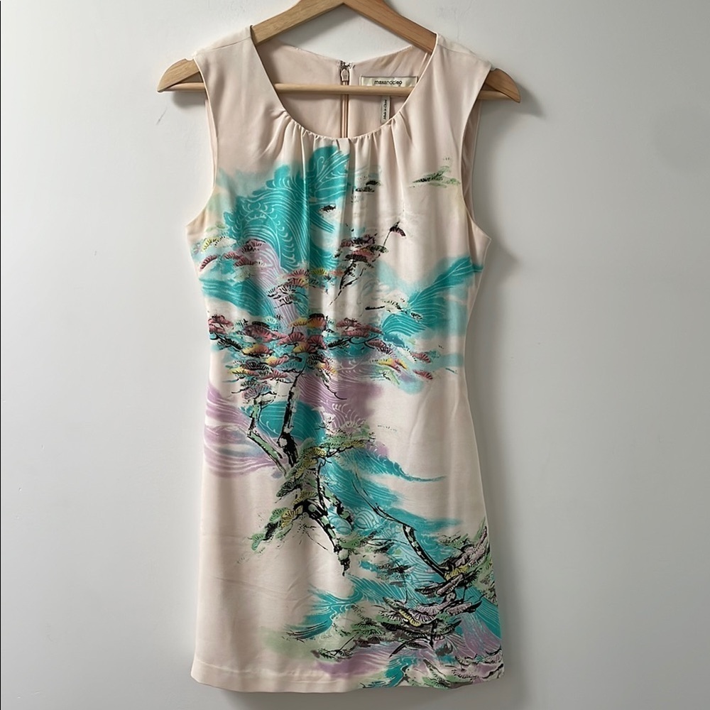 Max & Cleo Sheath Dress US2 Sleeveless abstract Japanese Sundress Aqua Cream